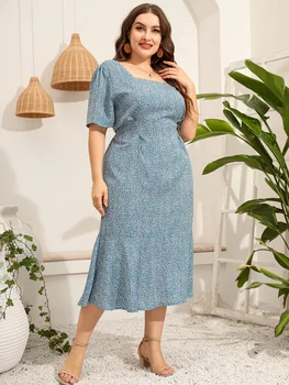 2022 Uusi Suvel Elegantne Kleidid Naiste Lühikesed Varrukad Lilleline Õhuke Sinine Kleit Pluss Suurus Naiste Riided Lihav Naine kingitus