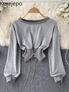 Korejepo Retro Streetwear Sweatershirt Naiste Sügis Magus Lahe Ümber Kaela Prindi Top 2022 Uus-Stiilne, Mitmekülgne Lühike Sweatershirts